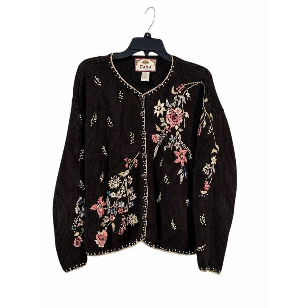 Tiara International Sweater Cardigan Medium Black Embroidery Beaded Floral